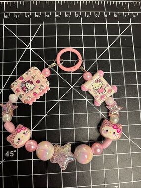 Hello Kitty Pastel Pink Beaded Charm Bracelet Key Ring